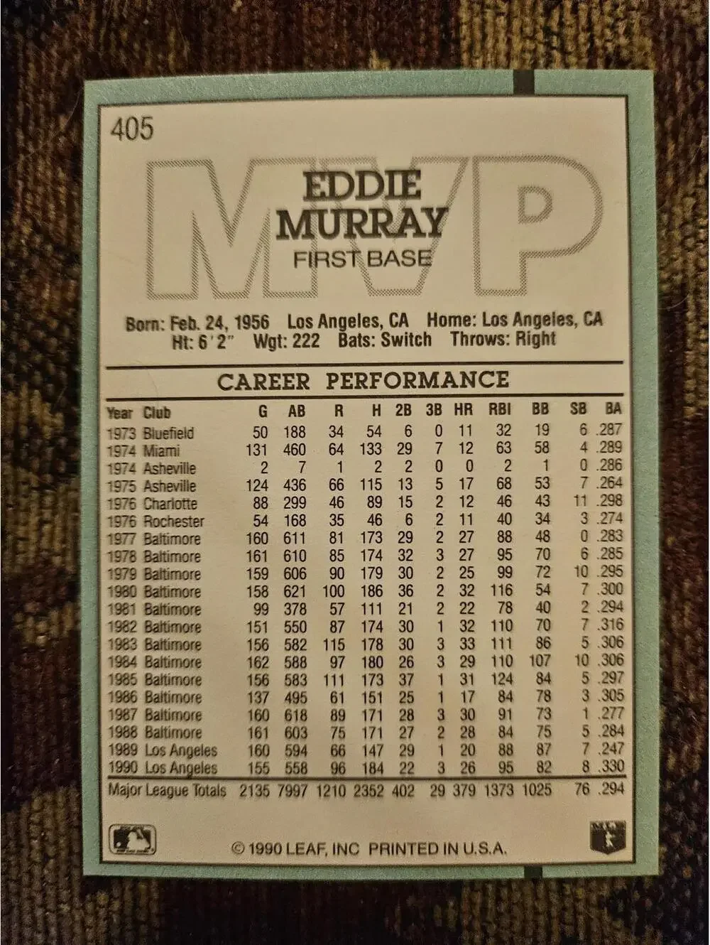Eddie Murray - HOF - 1991 Donruss MVP card #405 MLB Baseball Card